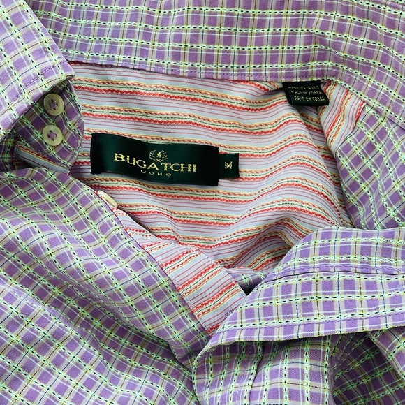 Bugatchi Mens Purple Plaid Button Up Shirt Medium Short Sleeve Tailored Fit - Picture 4 of 7